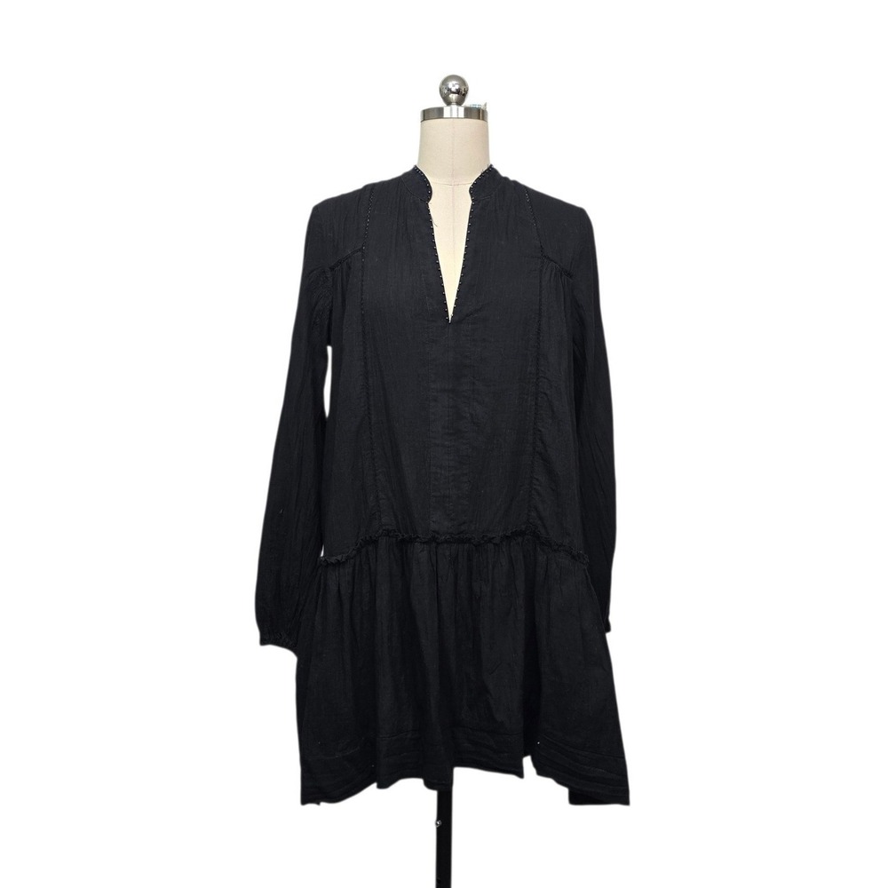 Pomander Place Black Cotton Gauze Beaded V-Neck Ruffle Mini Dress XS Y20649T